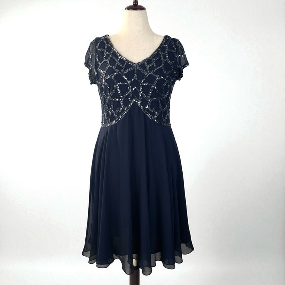 J Kara Dresses & Skirts - J Kara Navy Sequin and Chiffon Open V-Neck Below Knee A-Line Cocktail Dress